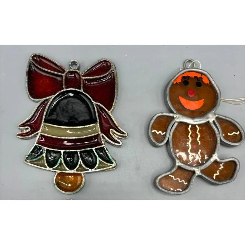 Vtg 8 Pc Christmas Stained Glass Ornaments Snowman Angel Santa‎ Wreath